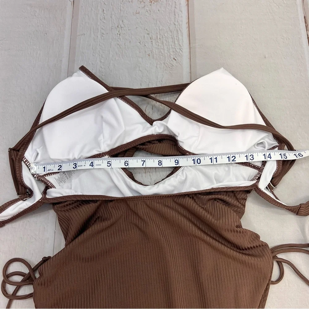NWOT Ribbed One Piece Swimsuit Tummy Control High‎ Cut Bathing Suit Sexy V Neck